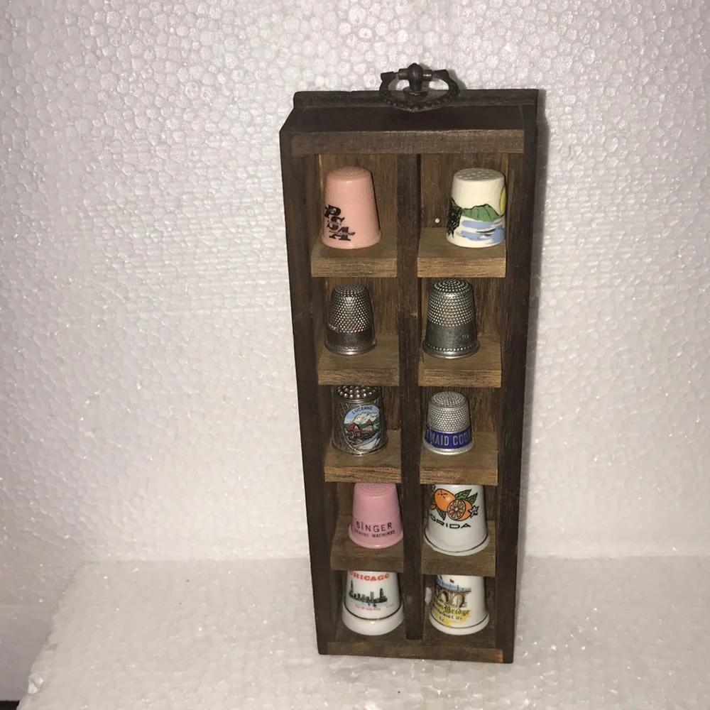 Wooden Thimble Display Case with Assorted Thimbles